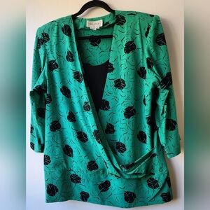 Silk Studio 100% Silk Floral Faux Wrap Blouse Green & Black Shoulderpads Vintage